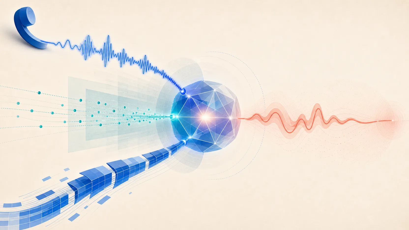 Cobalt, teal, and coral voice paths converge on one agent while preserving the surrounding stack boundaries