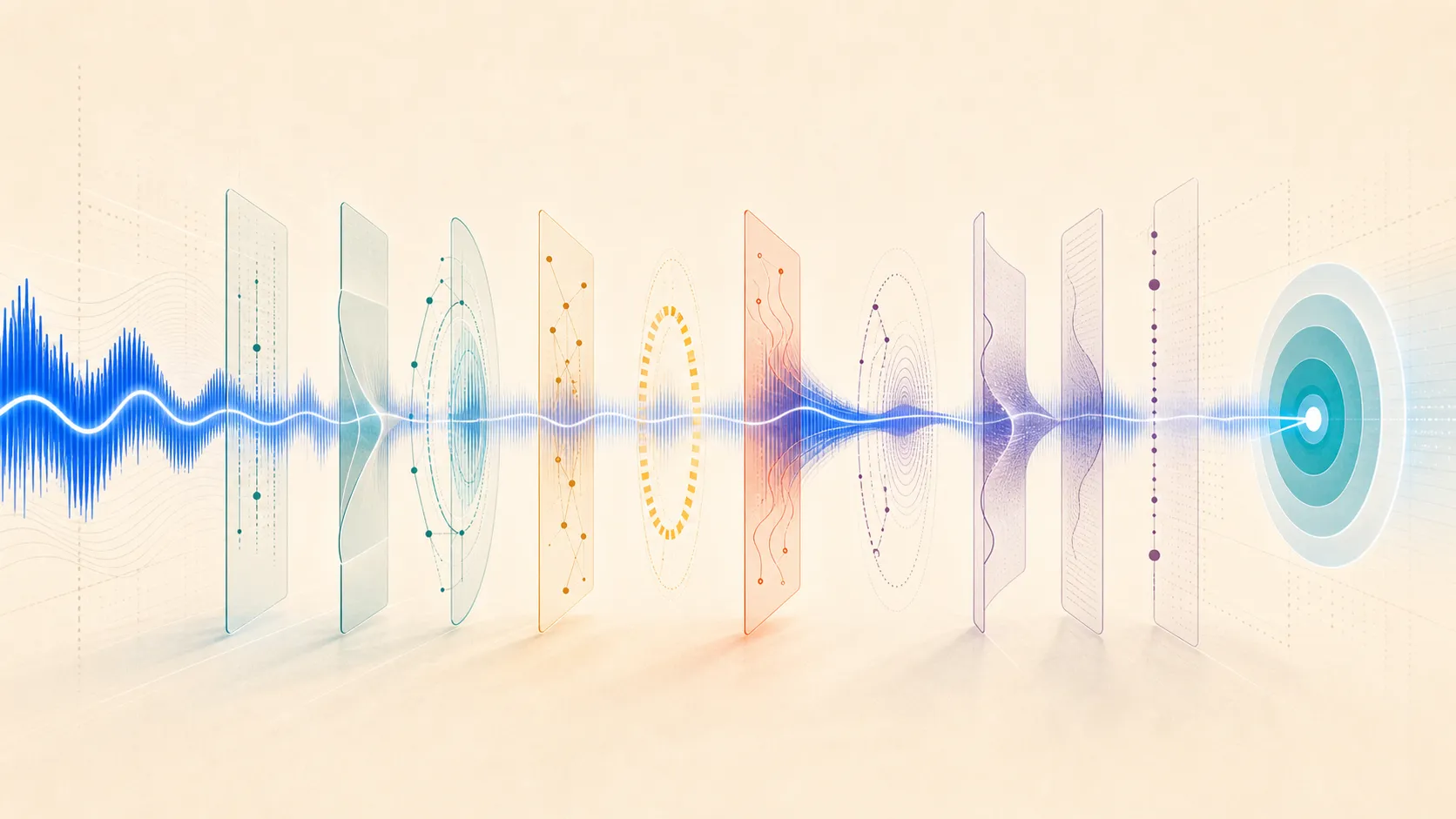 Voice waveforms passing through ten evaluation gates for outcomes, tools, policy, conversation quality, and final system state