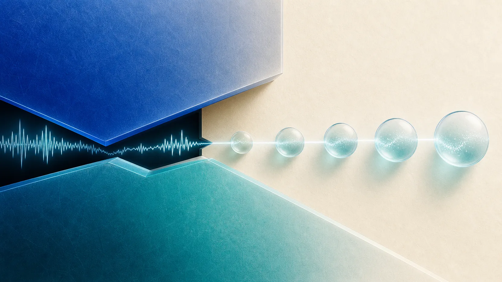 An open cobalt aperture connects a voice waveform to a structured path of evaluation evidence