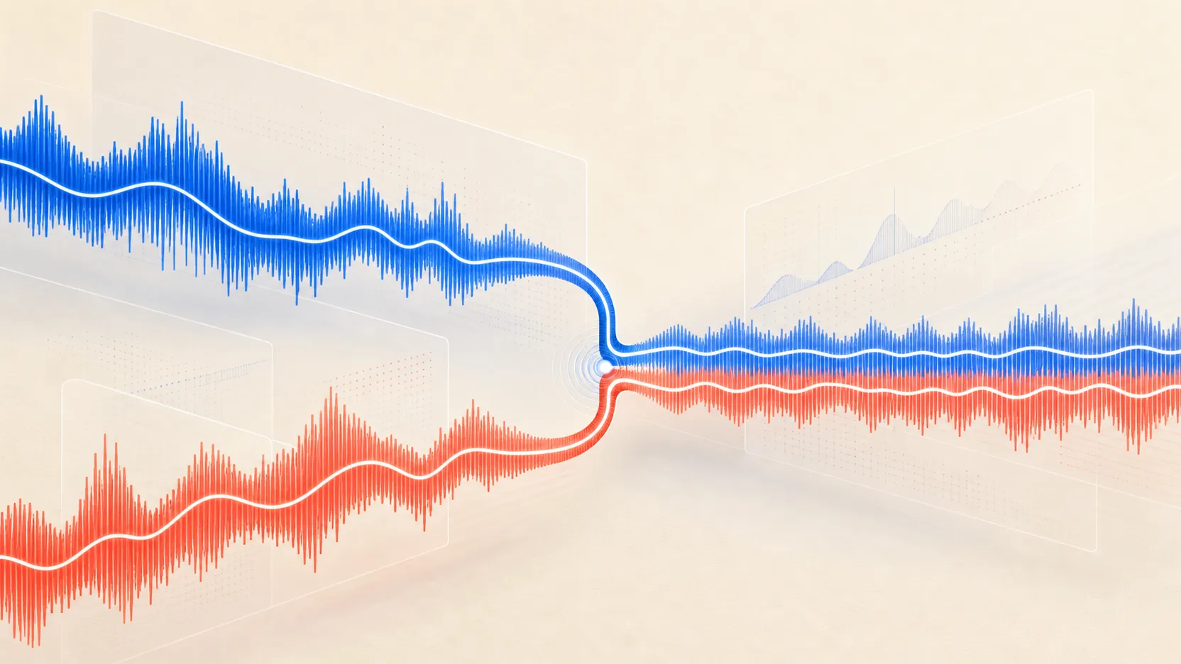 Concurrent voice signals, interruption events, tool activity, and outcome evidence aligned on a session timeline